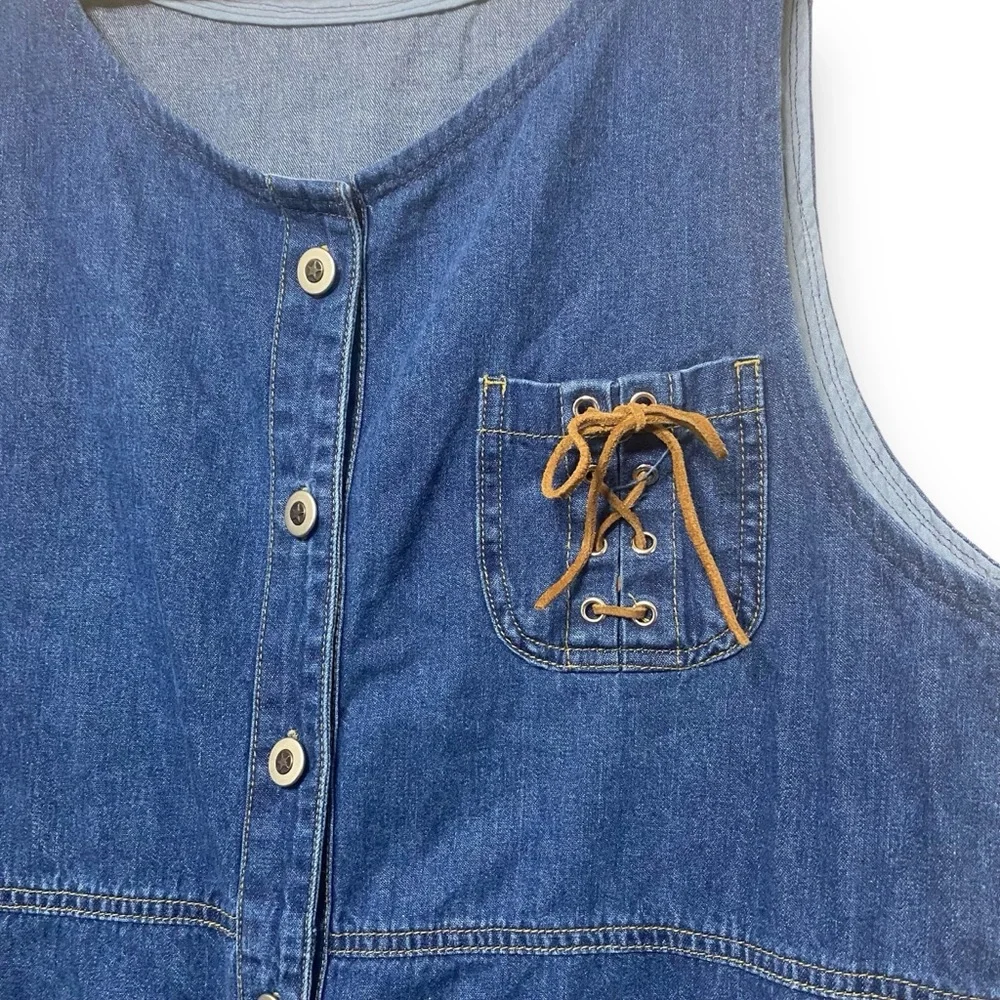 VTG Denim Western Button Front Midi Dress Lace Up Pocket Size Large - Picture 3 of 5